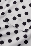 Lässiger Schwarz-Weiß-Druck mit Tupfen, Patchwork-Knöpfen, bedrucktem Kleid mit Umlegekragen, Kleidern in Übergröße
