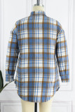 Blue Casual Plaid Print Patchwork Buckle Turndown Collar Plus Size Overcoat