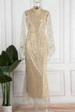 Золотые элегантные однотонные блестки в стиле пэчворк с круглым вырезом, вечерние платья, платья