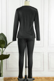 ブラック ファッション カジュアル グラデーションリップス プリント ベーシック Oネック 長袖 ツーピース