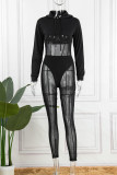Black Sexy Casual Solid Patchwork See-through Hooded Collar Long Sleeve Two Pieces