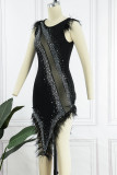Zwart sexy patchwork heet boren doorschijnende veren O-hals onregelmatige jurk Jurken
