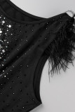 Vestido irregular con cuello redondo y plumas transparentes perforadas en caliente con retazos sexy negro Vestidos