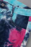 Azul escuro rosa casual tie dye rasgado colarinho manga longa duas peças
