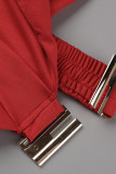 Красное сексуальное лоскутное горячее сверление, прозрачное платье с открытой спиной, одно плечо, длинный рукав, две части
