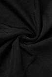ブラック セクシー カジュアル 無地 パッチワーク シースルー フード付き 襟 長袖 ツーピース