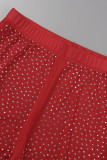 Rouge Sexy Patchwork perçage chaud transparent dos nu une épaule manches longues deux pièces
