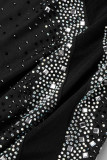 Черное сексуальное лоскутное горячее сверление с прозрачными перьями и круглым вырезом Нерегулярное платье Платья
