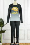 Gris Fashion Casual Gradual Change Lips Printed Basic O Neck Long Sleeve Two Pieces