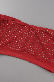 Rouge Sexy Patchwork perçage chaud transparent dos nu une épaule manches longues deux pièces