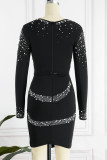 Black Sexy Patchwork Hot Drill V Neck Long Sleeve Two Pieces