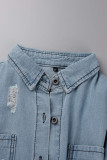 Blue Casual Street Solid Patchwork Buckle Turndown Collar Long Sleeve Straight Raw Hem Distressed Ripped Denim Jacket