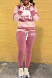 Pink Casual Letter Striped Print Patchwork Contrast Hooded Collar Long Sleeve Two Pieces