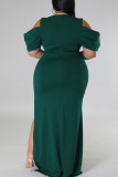 Green Sexy Solid Patchwork Slit Fold V Neck Straight Plus Size Dresses