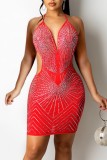 Apricot Sexy Patchwork Hot Drilling Bandage Backless Halter Sleeveless Dress Dresses