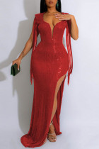 Röda sexiga festformella paljetter V-ringad klänningar