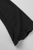Bandage solide sexy noir évidé patchwork col rabattu asymétrique manches longues deux pièces