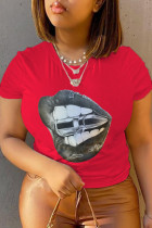 Rote Street Basis Lippen bedruckte Patchwork-T-Shirts mit O-Ausschnitt