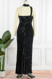 ブラック セクシー ソリッド スパンコール パッチワーク スリット 非対称カラー イブニングドレス ドレス