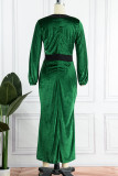 Vestido de noche con cuello en V y abertura de patchwork sólido elegante verde Vestidos