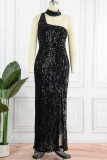 Zwart sexy effen pailletten patchwork gleuf asymmetrische kraag avondjurk jurken
