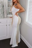 Белое сексуальное лоскутное прозрачное длинное платье на тонких бретельках с открытой спиной