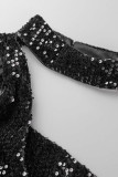 Vestido de noche de cuello asimétrico con abertura de retazos de lentejuelas sólidas negras Vestidos