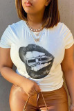 Marineblauwe Street Basis Lips bedrukte patchwork T-shirts met ronde hals