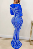 Blaue sexy formale Hot Drilling Pailletten O-Ausschnitt Trompete Meerjungfrau Kleider