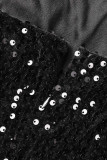 Zwart sexy effen pailletten patchwork gleuf asymmetrische kraag avondjurk jurken