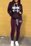 Burgundy Casual Letter Striped Print Patchwork Contrast Hooded Collar Long Sleeve Two Pieces