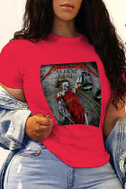 Rote, lässige, tägliche Print-Patchwork-T-Shirts mit O-Ausschnitt