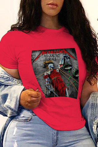 Rode casual T-shirts met dagelijkse print en patchwork met ronde hals