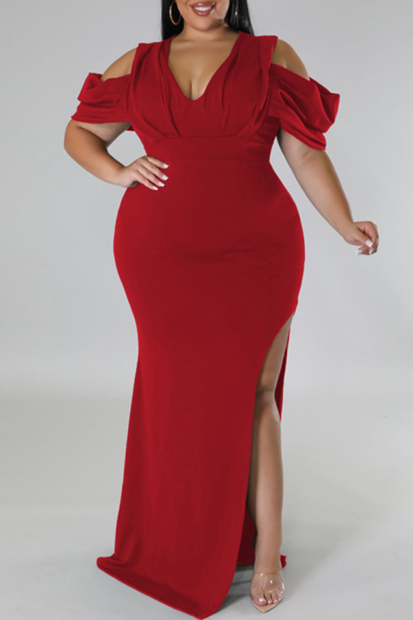 Vestidos de retalhos lisos sexy vermelho tijolo com fenda e decote em V retos vestidos tamanho grande
