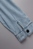 Jaqueta jeans lisa casual street lisa com fivela de retalhos rasgada gola redonda manga comprida