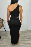 Black Sexy Solid Hollowed Out High Opening One Shoulder Pencil Skirt Dresses