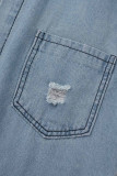 Blå Casual Street Solid Ripped Patchwork Spänne Turndown-krage Långärmad rak jeansjacka