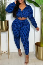 Blauwe Casual Print Patchwork V-hals Plus Size Two Pieces