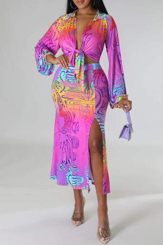 Multicolor Sexy Print Bandage Patchwork Slit V Neck Long Sleeve Two Pieces