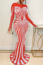 Rote sexy formale Hot Drilling Pailletten O-Ausschnitt Trompete Meerjungfrau Kleider