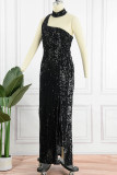 ブラック セクシー ソリッド スパンコール パッチワーク スリット 非対称カラー イブニングドレス ドレス