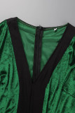 Groene elegante effen patchwork split V-hals avondjurkjurken