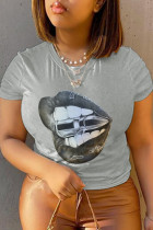 Graue Street Basis Lippen bedruckte Patchwork-T-Shirts mit O-Ausschnitt