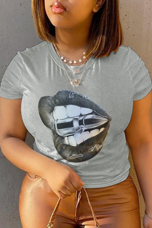 T-shirts à col rond et patchwork imprimés Street Basis Lips gris