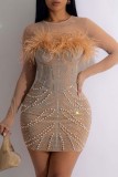 Black Sexy Patchwork Hot Drilling See-through Feathers Pearl O Neck Long Sleeve Dresses