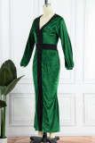 Grünes elegantes festes Patchwork-Schlitz-V-Ausschnitt-Abend-Kleid-Kleider