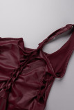 Rojo sexy sólido ahuecado hacia fuera patchwork cuello oblicuo lápiz falda vestidos