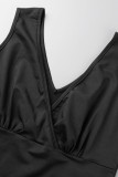 Vestidos retos pretos sexy patchwork com babados decote em V
