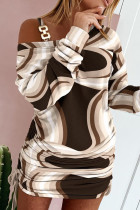 カーキ カジュアル プリント パッチワーク 非対称カラー ストレート ドレス