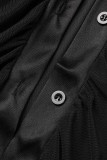 Черный сексуальный повседневный сплошной прозрачный отложной воротник с длинным рукавом из двух частей